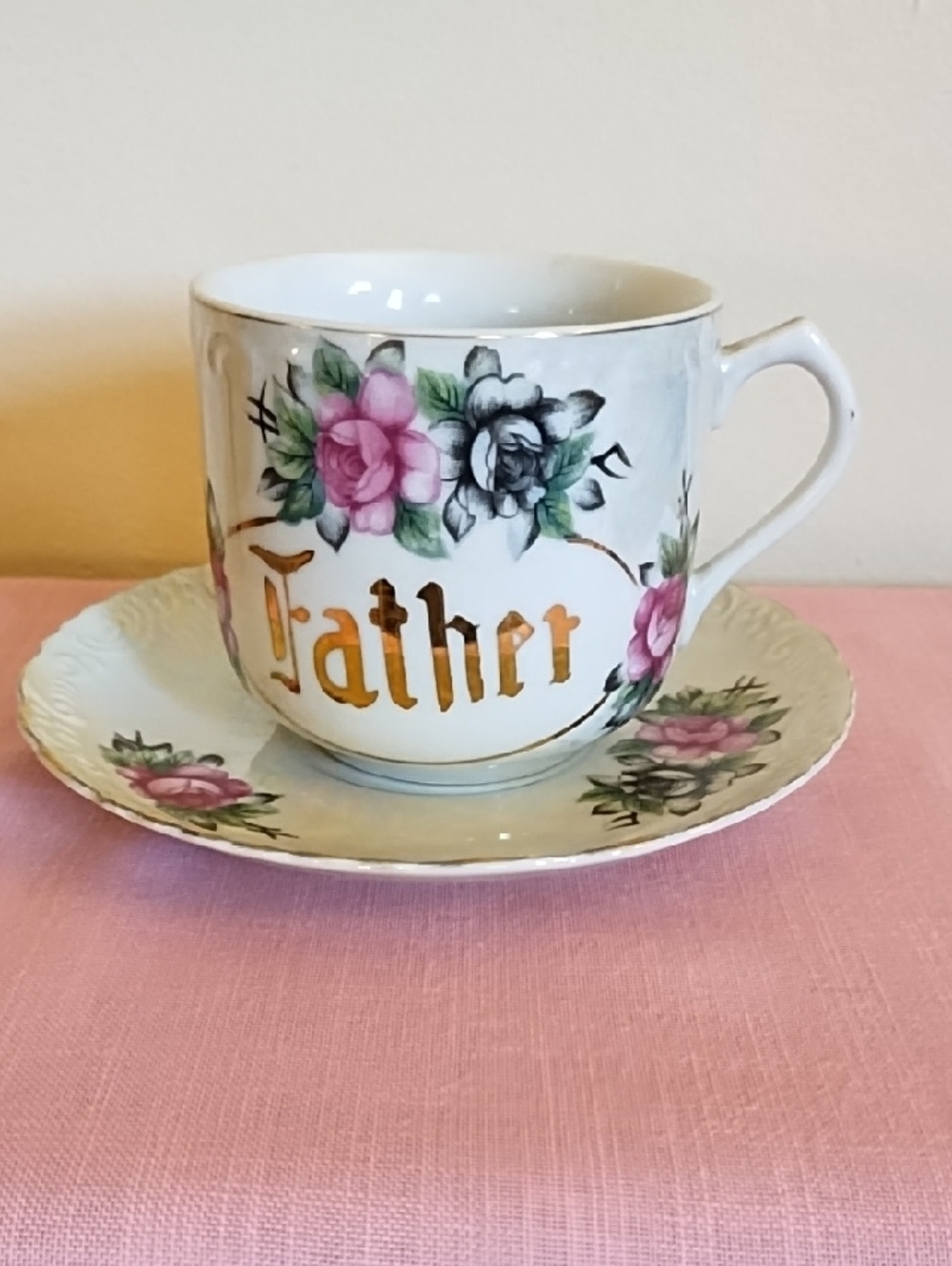 SHAVING CUP, VINTAGE, USED NOW AS COFFEE MUG, IRIDESCENT LUSTERWARE FINISH.